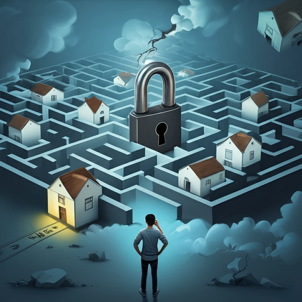 A young adult looking frustrated at a maze representing housing and job challenges.