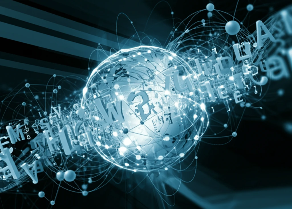 Intertwined linguistic symbols evolving into interconnected global networks, symbolizing the impact of grammatical complexity.