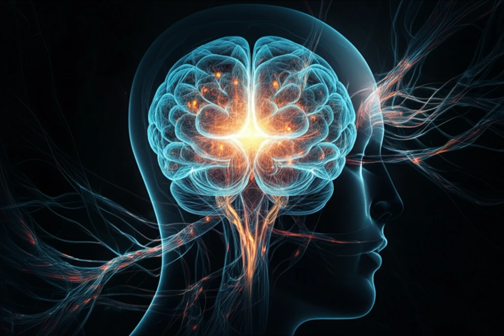Glowing nanorobotic threads interwoven within a brain, symbolizing technological progress in glioma treatment.