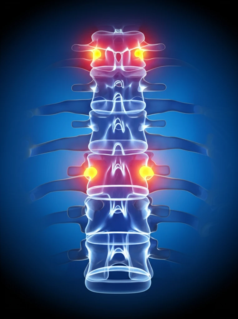 Enhanced digital illustration highlighting bone density variations in the spine.
