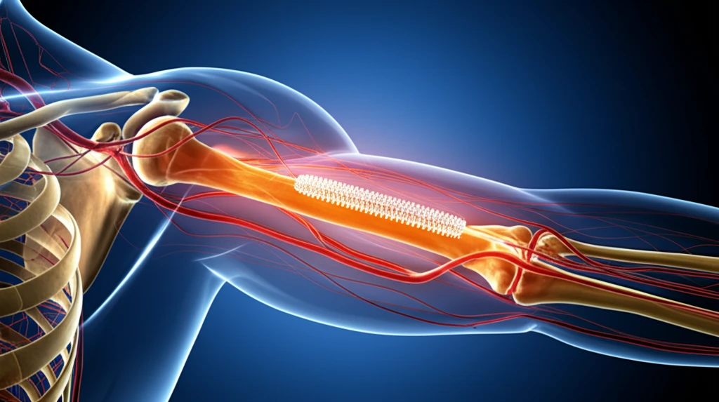 Fractured upper arm bone treated with glowing stent to restore blood flow.
