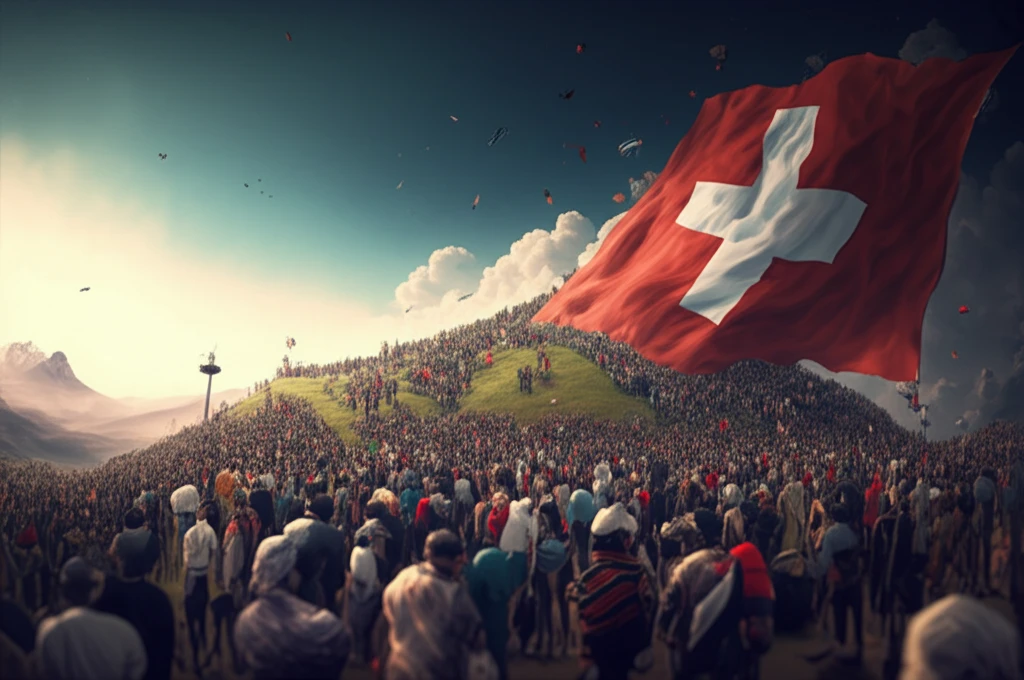 A surreal illustration of Swiss immigration, blending landscapes and diverse faces.
