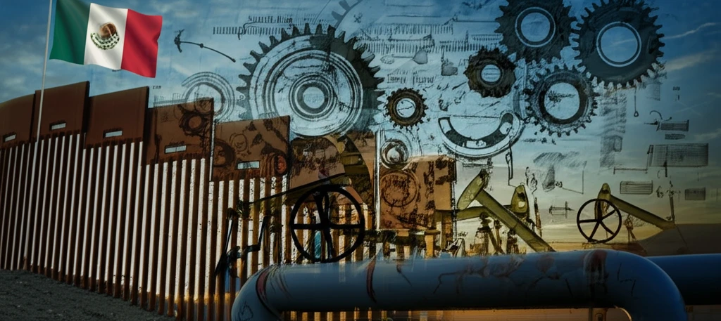 Surreal illustration of a pipeline symbolizing North American energy trade.