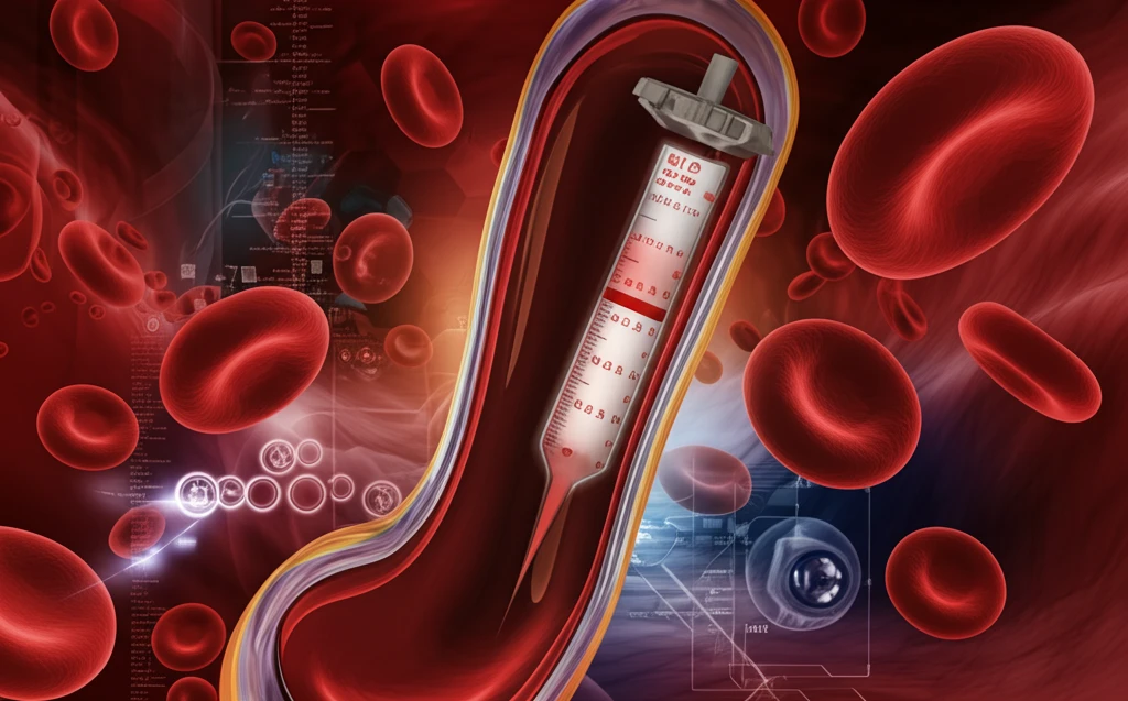 Illustration of blood cells flowing through vessels being measured by a Deer Rheometer