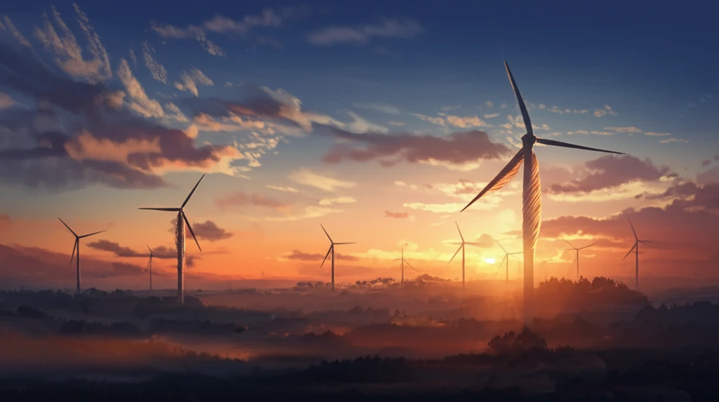 Wind turbine blades with adaptive feather-like flaps against a sunrise.