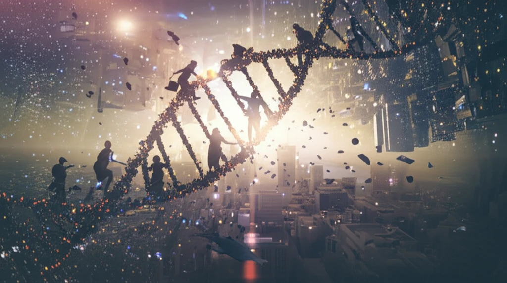 Diverse group climbing a DNA helix symbolizing progress in cancer research.