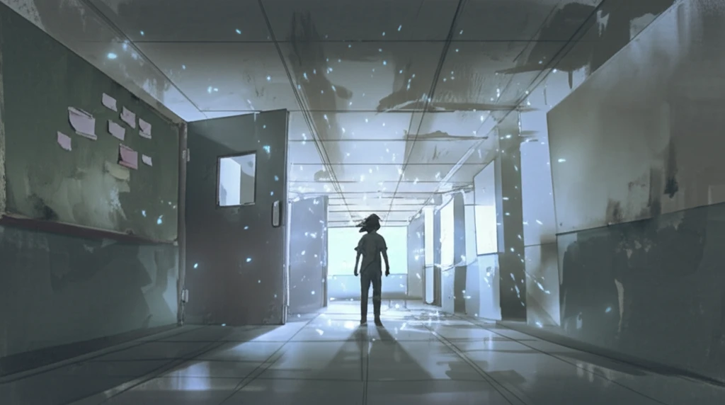 Symbolic image of a child's fading silhouette in a school hallway, representing the link between depression and school absence.