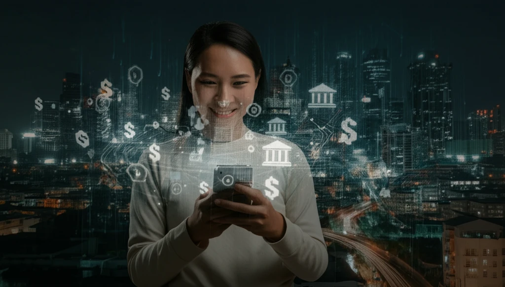Smiling person using a smartphone for e-banking with data streams