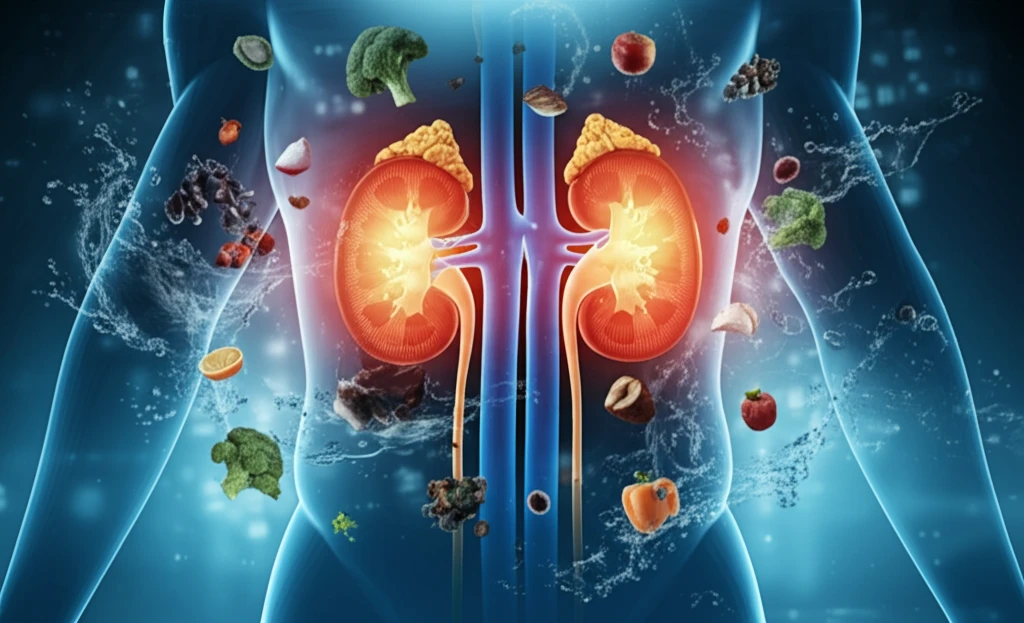 Glowing healthy kidneys surrounded by nutritious food and water.