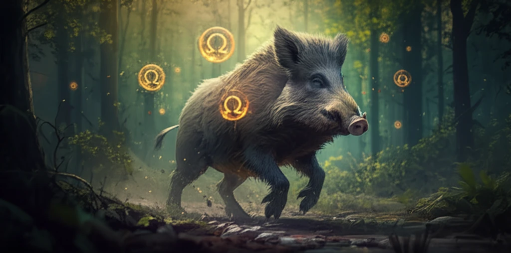 Wild boar running in a forest with omega-3 symbols.