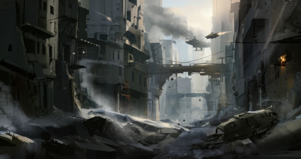 Surreal illustration blending ancient Syrian ruins with a modern cityscape.