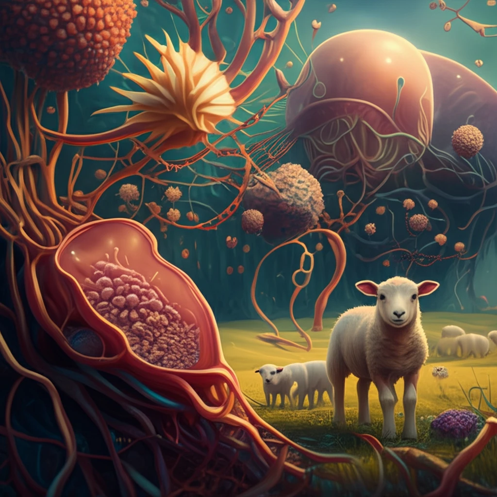 Lambs grazing in a pasture, combined with abstract protein molecules.