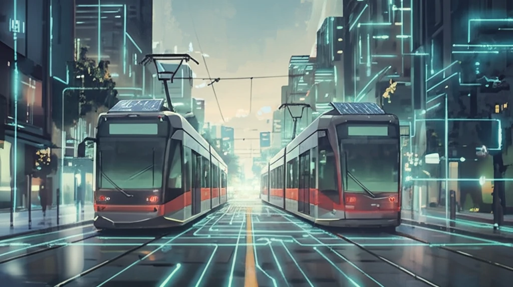 Modern tramway system with integrated solar panels and energy flow visualization.