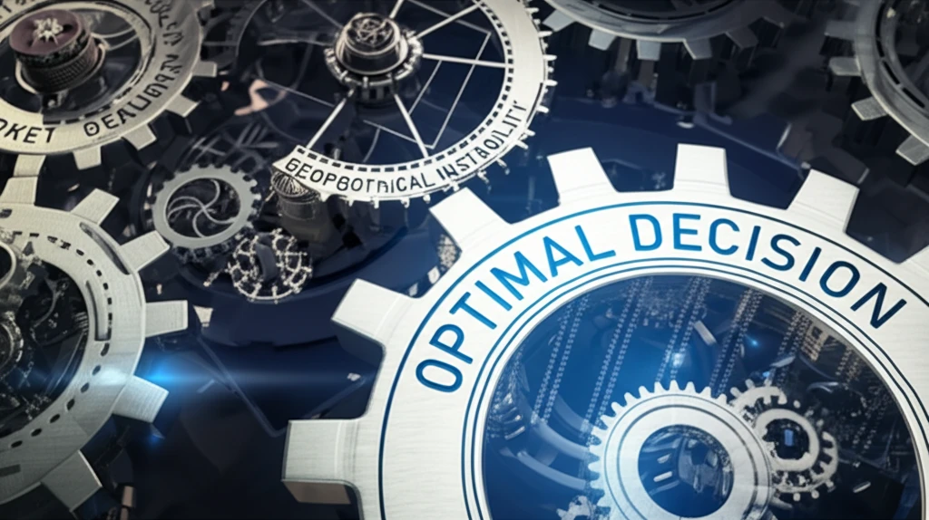 Interconnected gears representing uncertain real-world factors leading to optimal decisions.