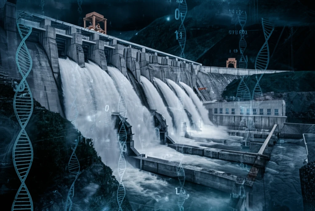 Surreal digital illustration of a dam with water flowing through turbines, overlayed with a faint grid representing Kriging, and DNA strands symbolizing genetic algorithms.