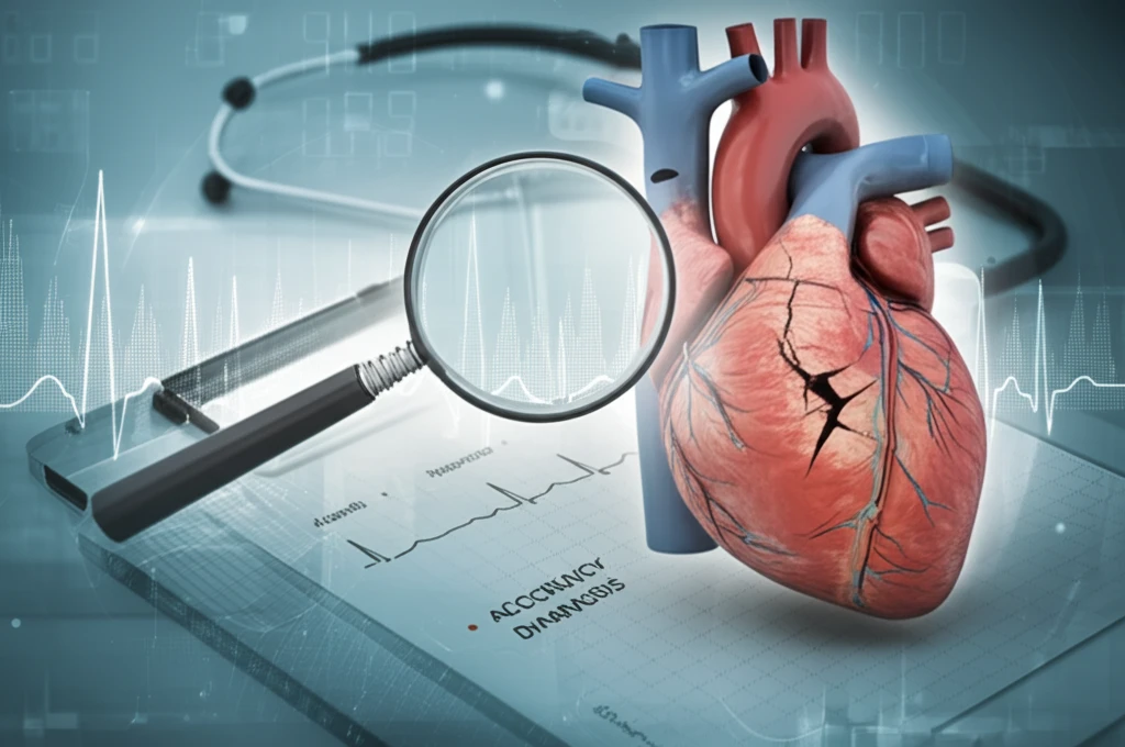 Fractured aorta with magnifying glass, symbolizing diagnostic accuracy in aortic dissection.