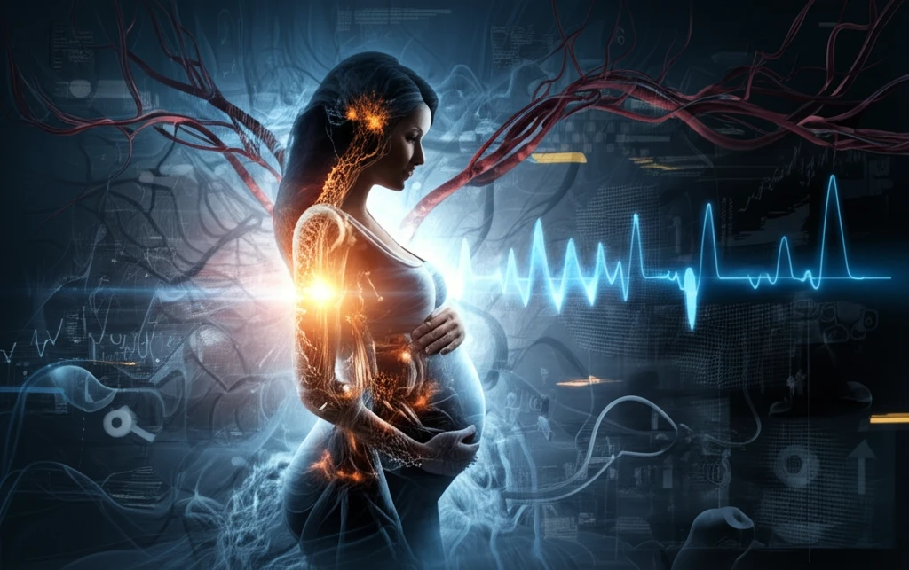 Surreal image representing preeclampsia and its impact on maternal blood flow.