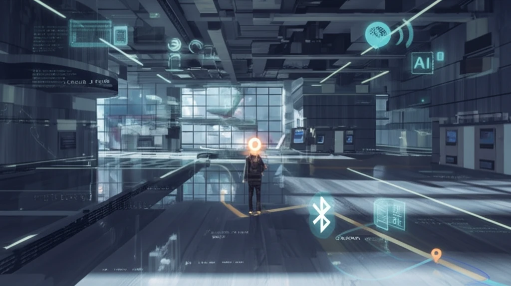 Indoor navigation with precise GPS-style marker, symbolizing Bluetooth and AI technologies.