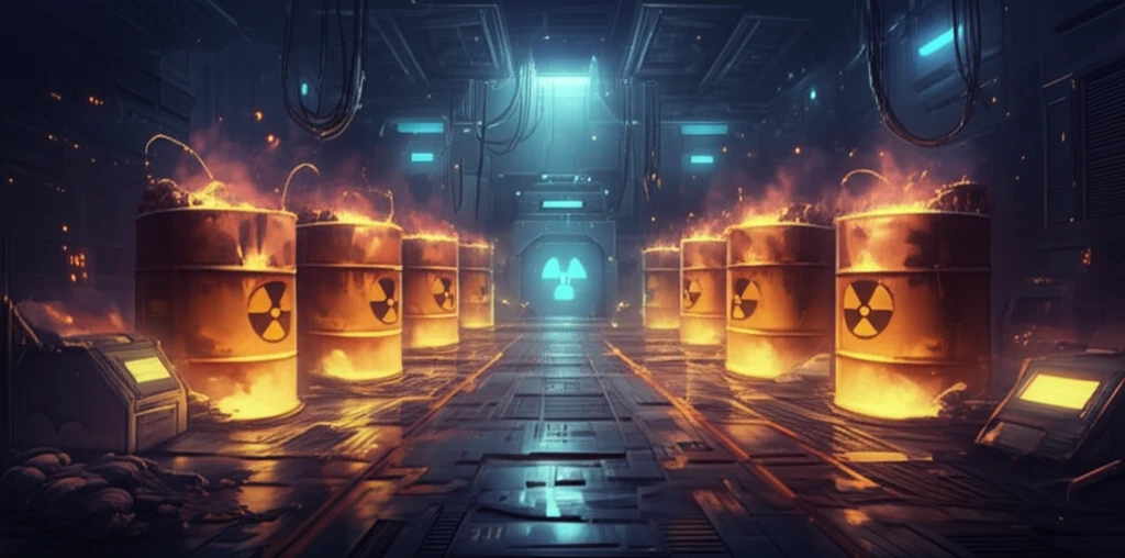 Glowing nuclear waste barrels in a high-tech facility, symbolizing thermal stability and radiation.