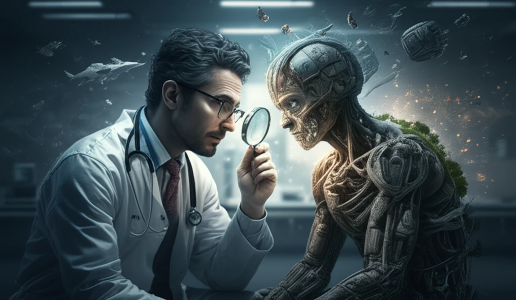 Doctor examining a patient's holistic health with interconnected landscapes.
