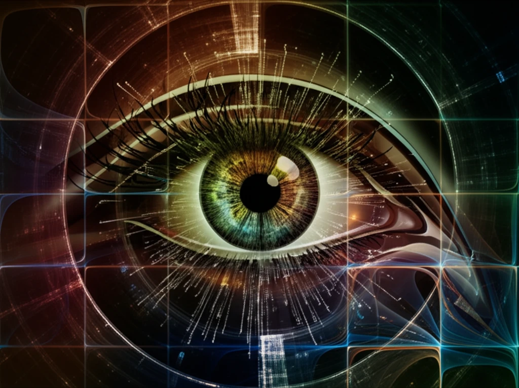 High-tech eye surrounded by floating data streams, symbolizing precision visual tracking.