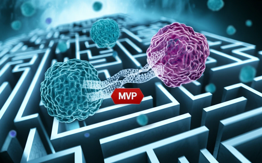 Surreal digital illustration of cancer cells resisting chemotherapy, intertwined with abstract representations of Notch1 and MVP.