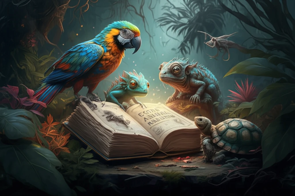 A colorful illustration of exotic pets gathered around a glowing book on animal wellness.