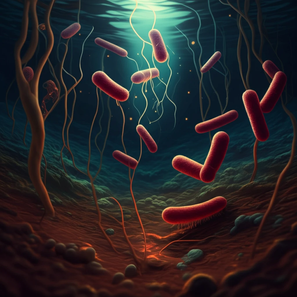 Surreal illustration of sulfate-reducing bacteria in reservoir sediment.