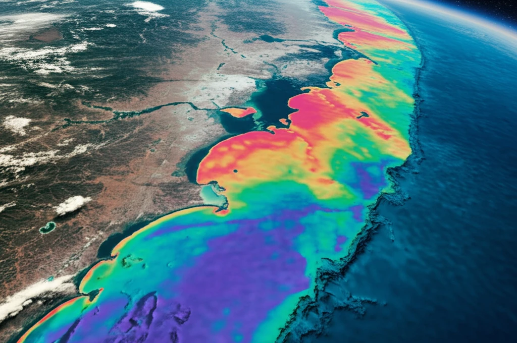 Satellite view of a coastline with spectral analysis data highlighting water turbidity.