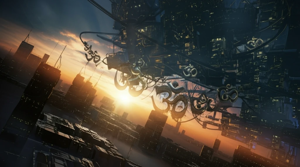 Ancient religious symbols merging with a modern cityscape.