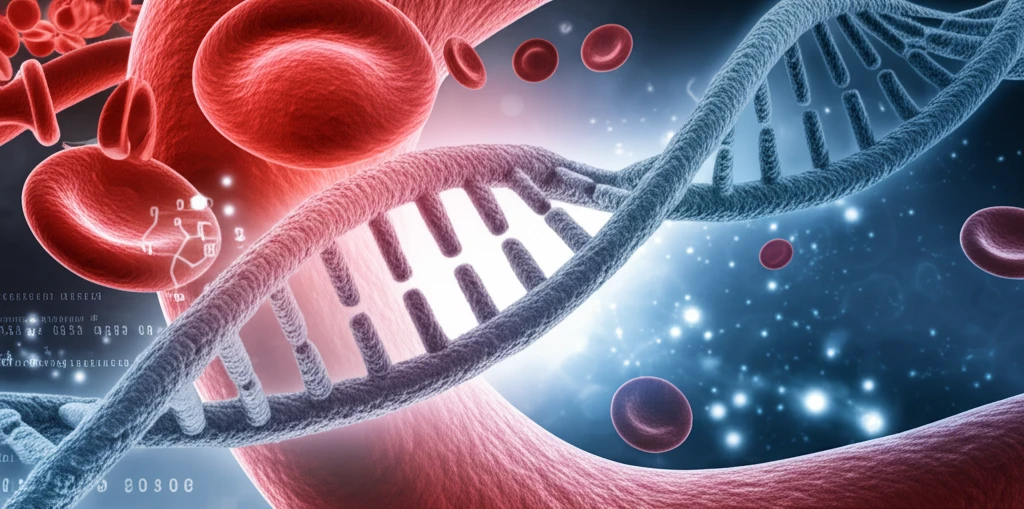 DNA strand intertwining with a blood vessel, symbolizing pharmacogenomics and blood clot prevention.