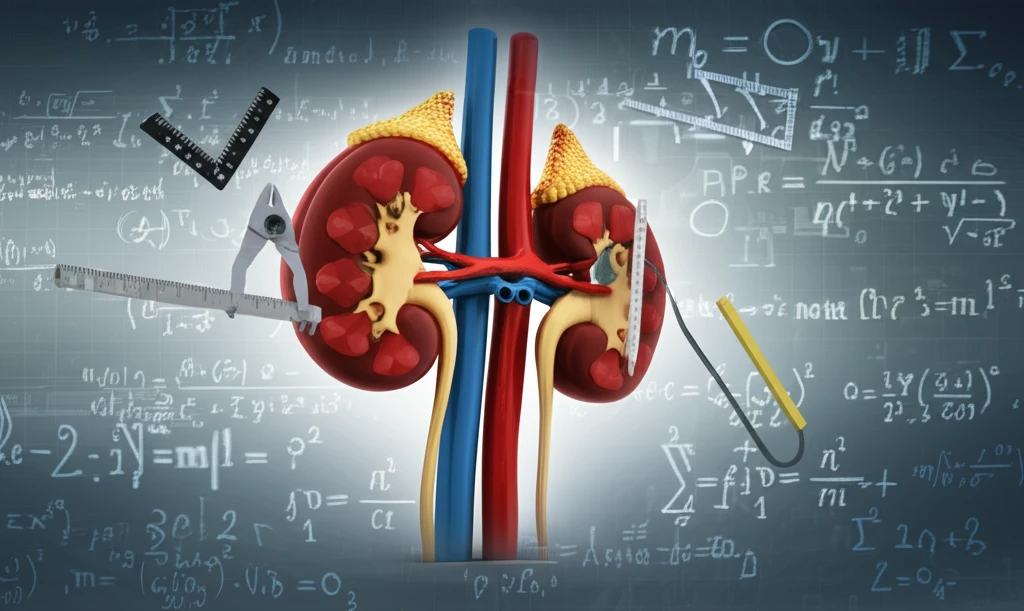 Digital illustration of kidneys surrounded by measuring tools and formula equations, symbolizing renal function assessment.