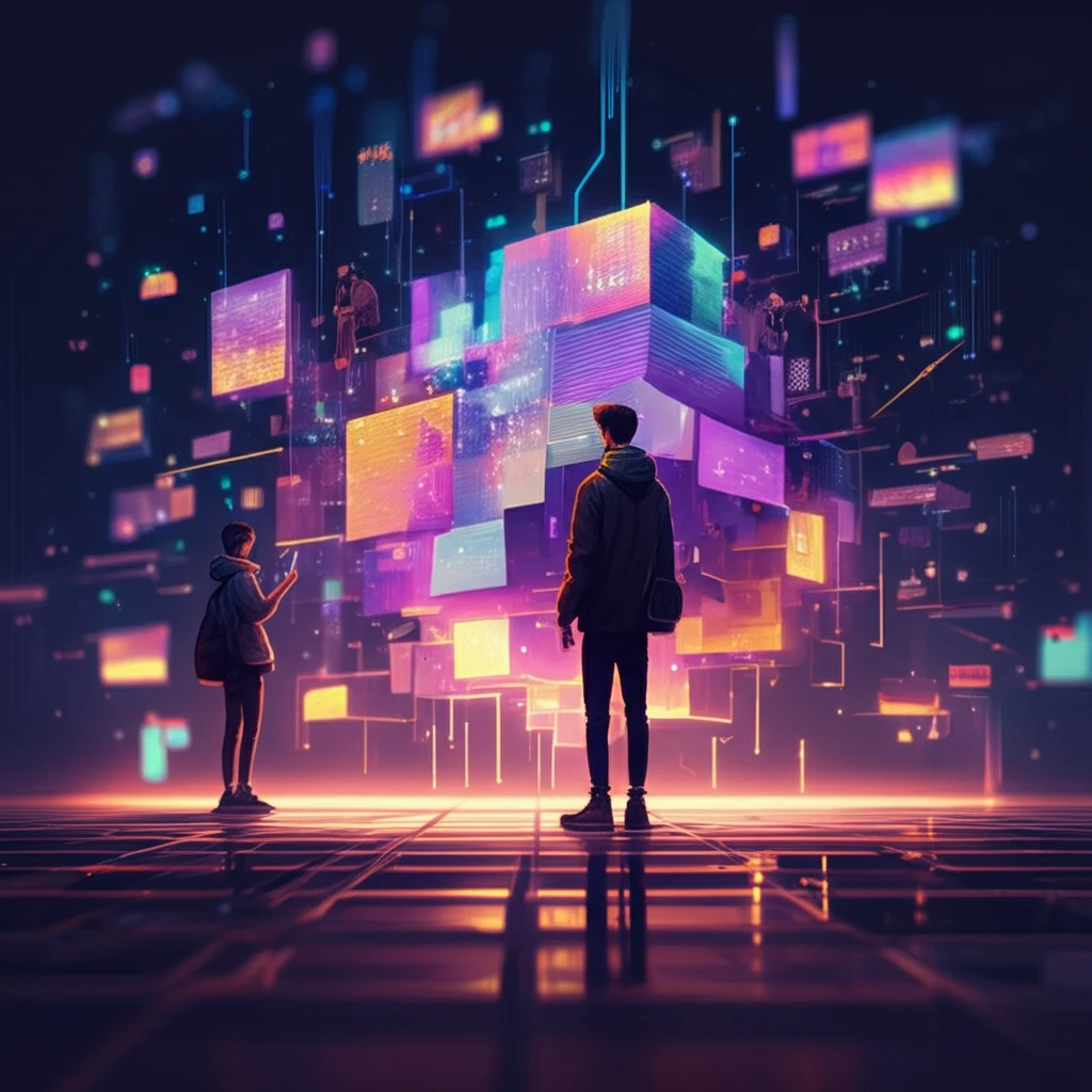 Diverse characters collaboratively building a vibrant interconnected world with glowing code blocks, emphasizing community and shared creation.