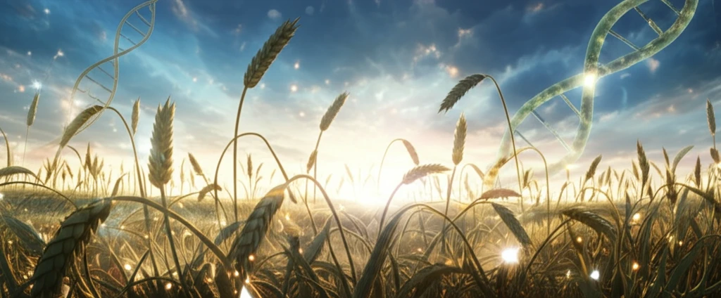 Resilient wheat field under a stormy sky, symbolizing genetic resilience