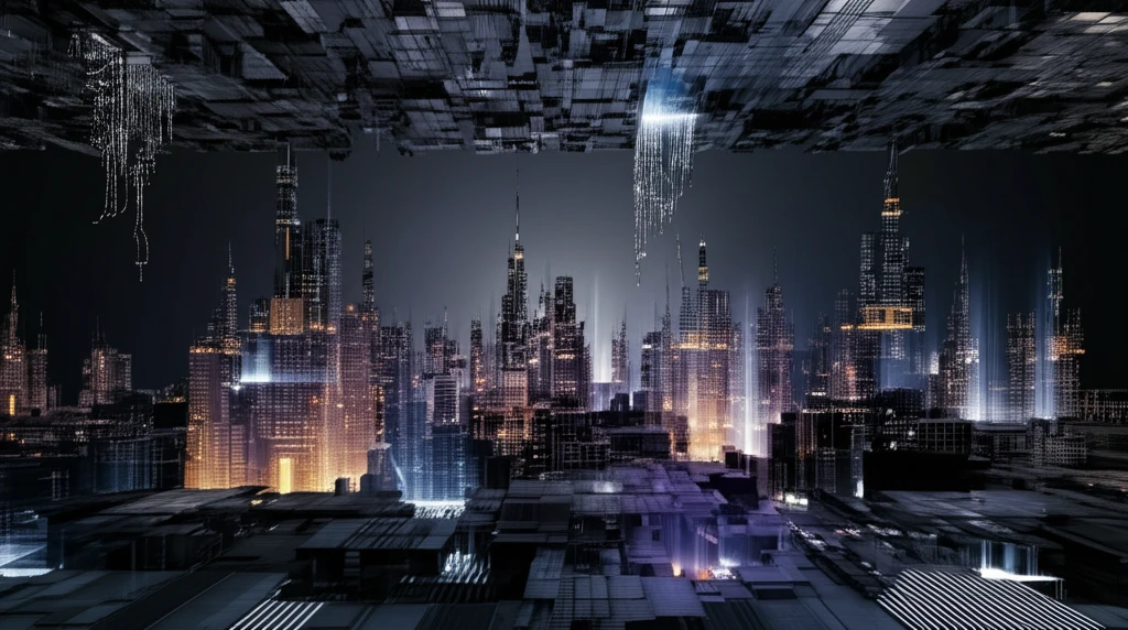 Microscopic circuit board city with glowing data streams, symbolizing advanced memory technology.