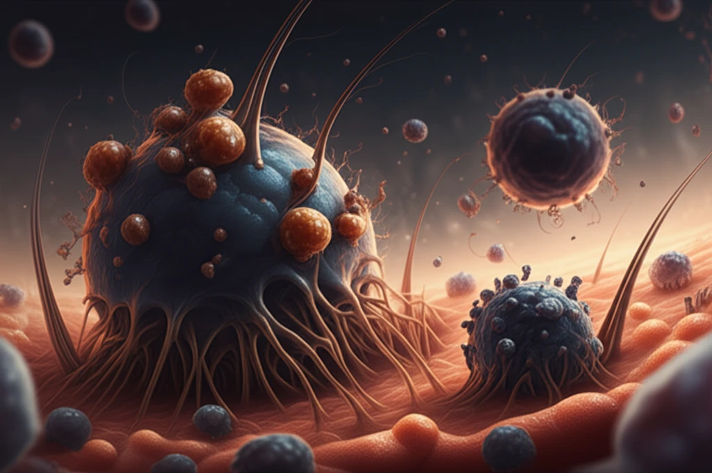Illustration of skin cells transforming into cancer cells with a beam of light targeting a specific gene.