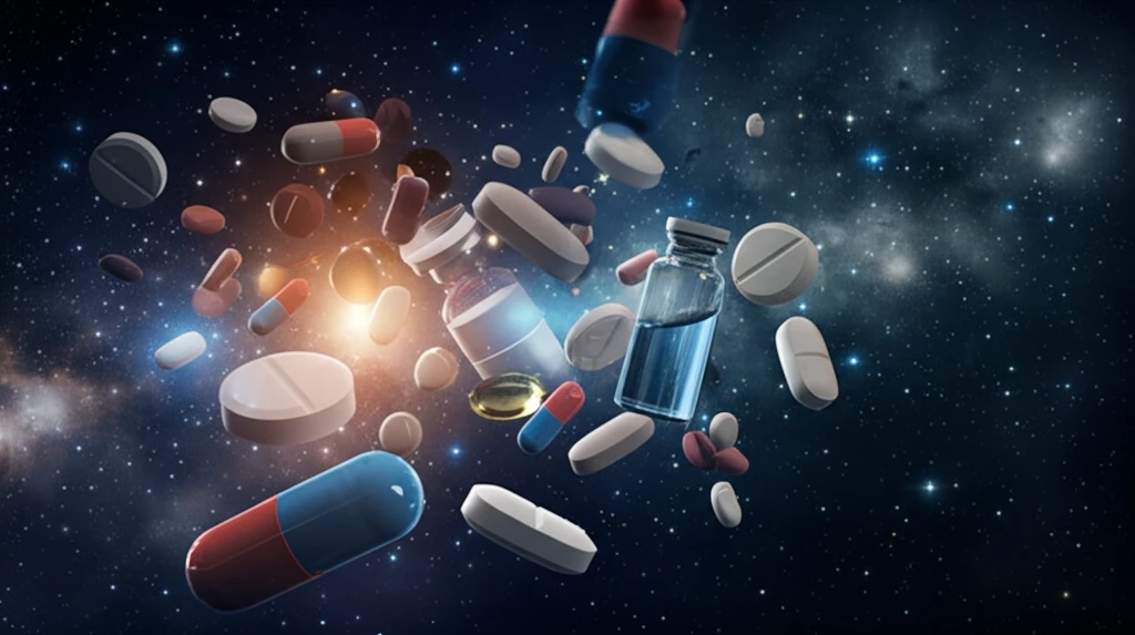 Diverse medication forms floating in space.