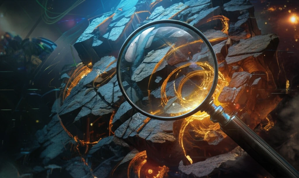 Magnifying glass inspecting weathered rock face revealing futuristic materials