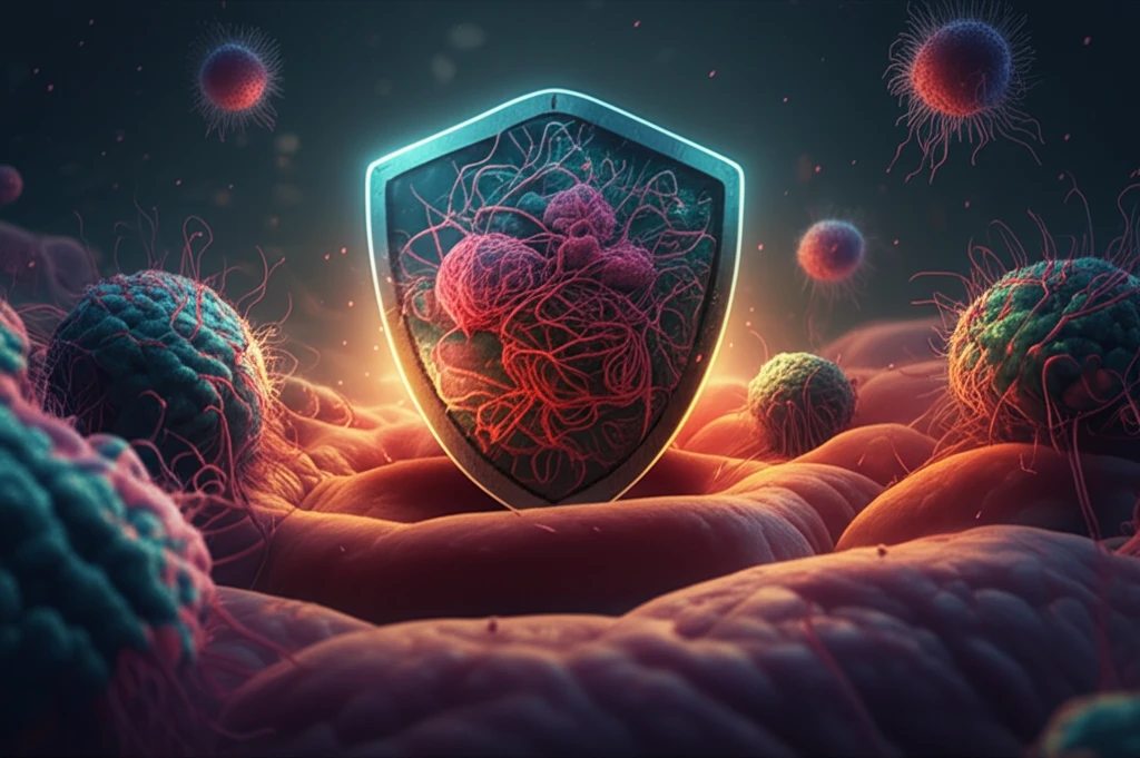 Surreal illustration of bacteria constructing a protective shield around human cells, representing potential cancer therapy breakthrough.