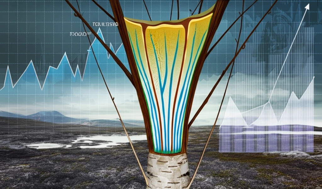 Surreal illustration of dwarf birch xylem anatomy with climate data.