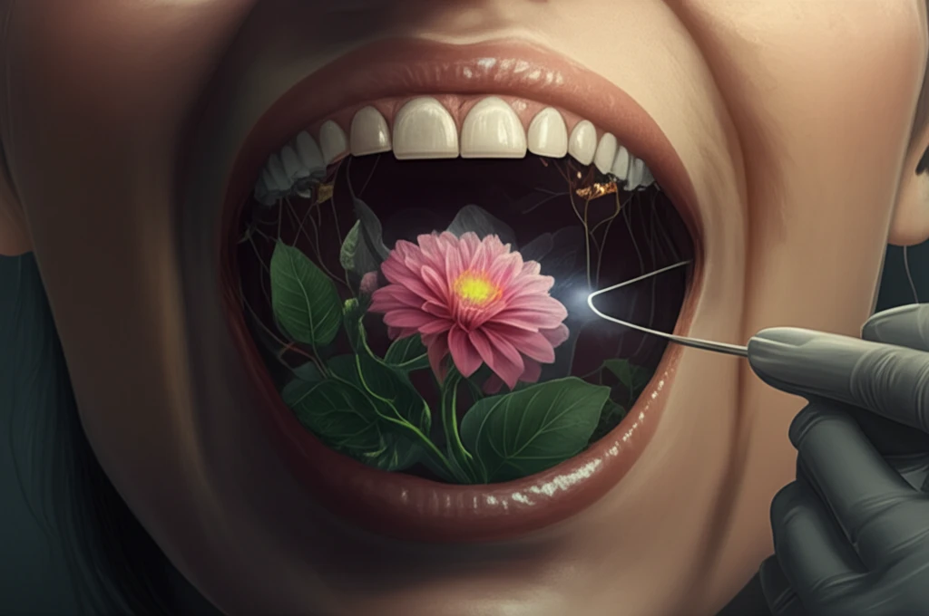 Surreal illustration of a flower blooming in a mouth, symbolizing early detection and oral health.