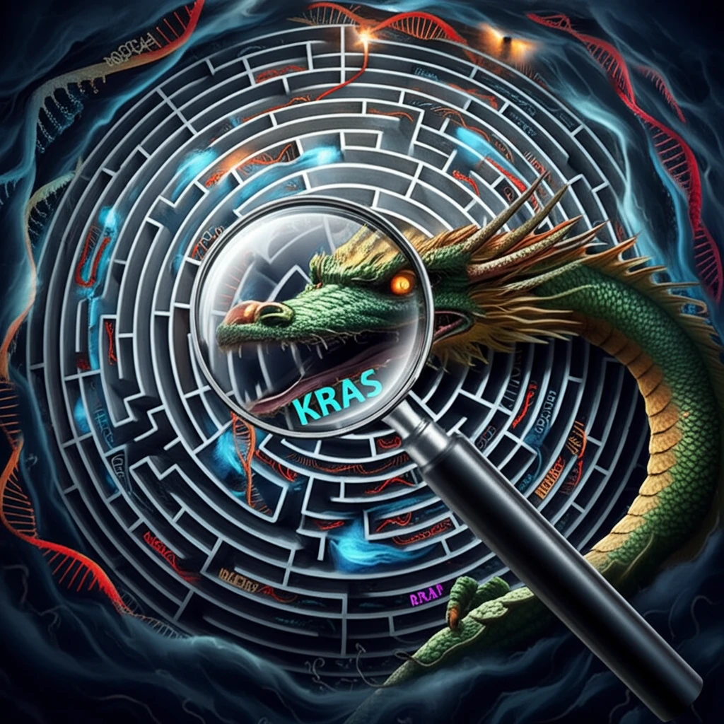 Surreal illustration of a dragon guarding a colon-shaped maze with genetic strands, symbolizing research into colorectal cancer trends in China.