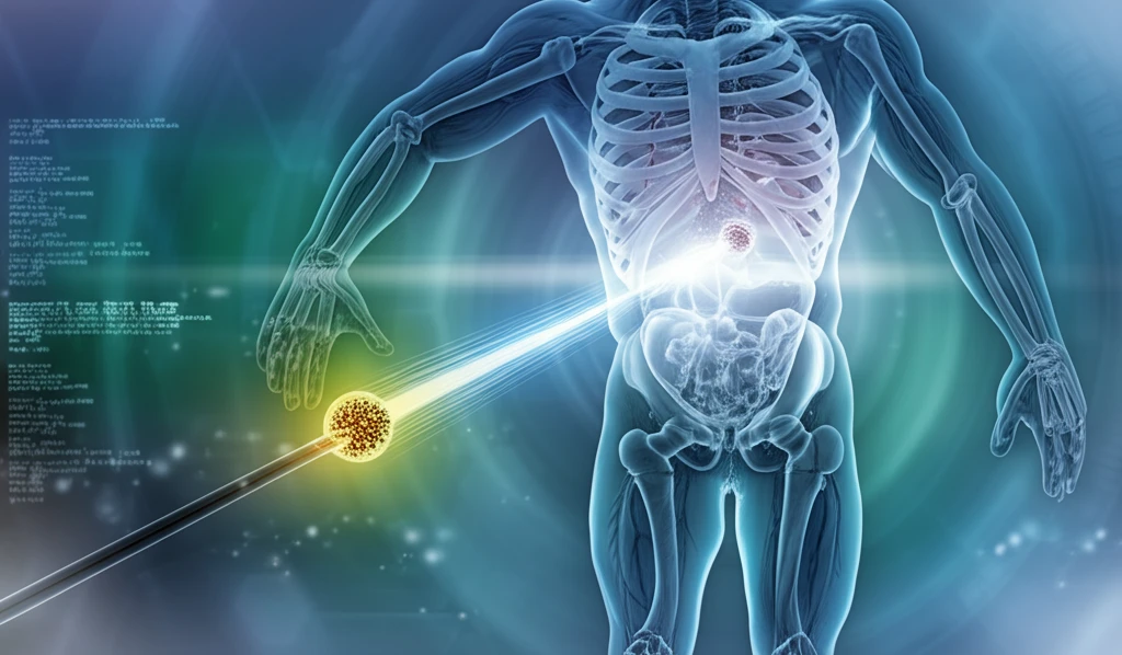 Brachytherapy seed emitting light within a stylized human body, emphasizing precision and targeted treatment.