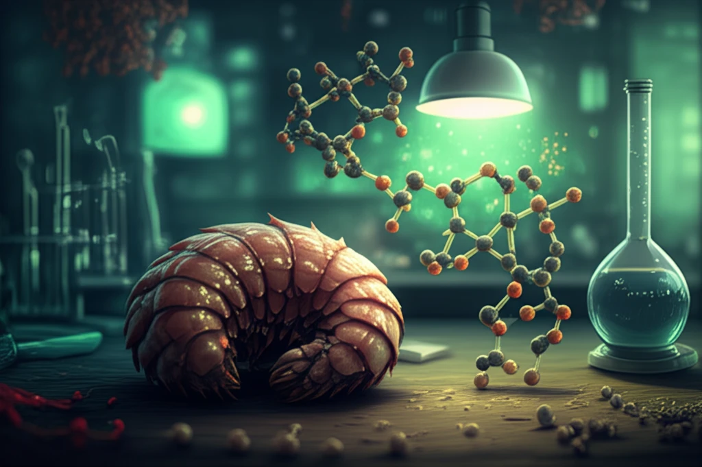 Surreal illustration of chitosan transforming into complex molecules.