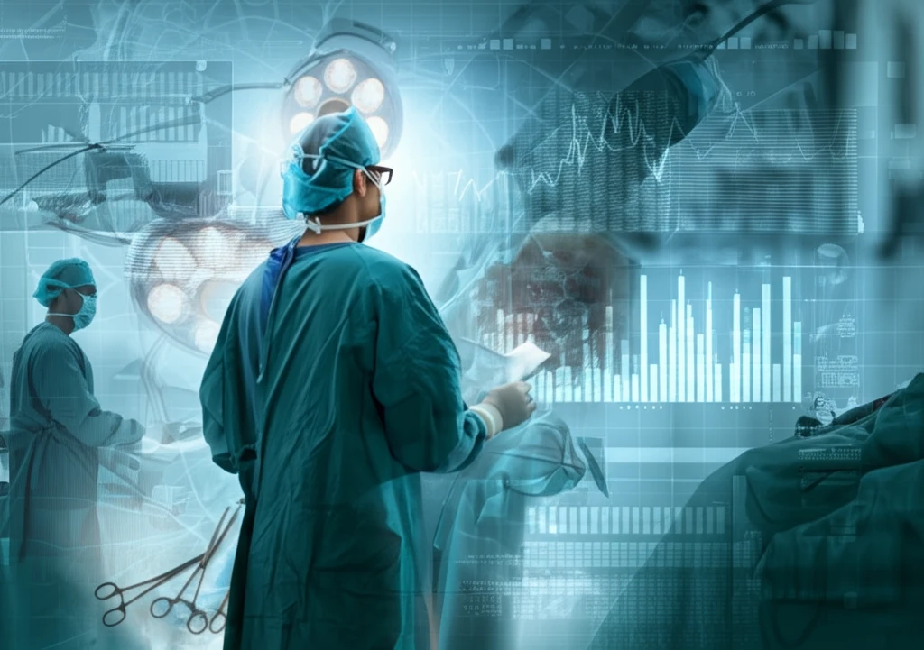 Surreal illustration of overlapping surgeries, symbolizing informed healthcare decisions.