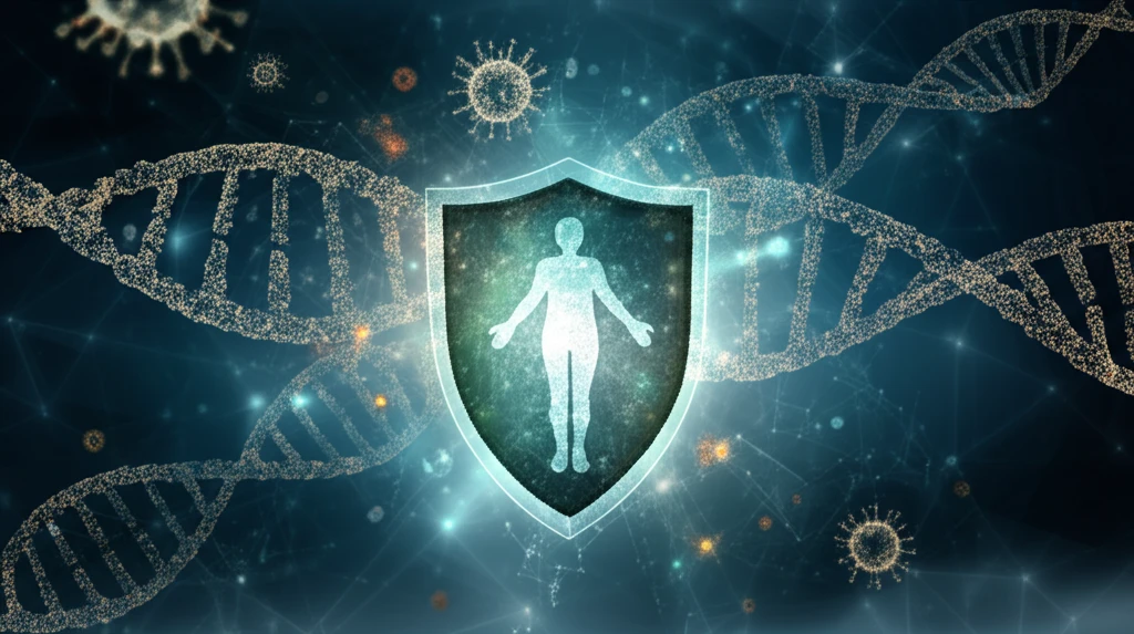 DNA strands forming a shield, symbolizing genetic immunity against viral infection.