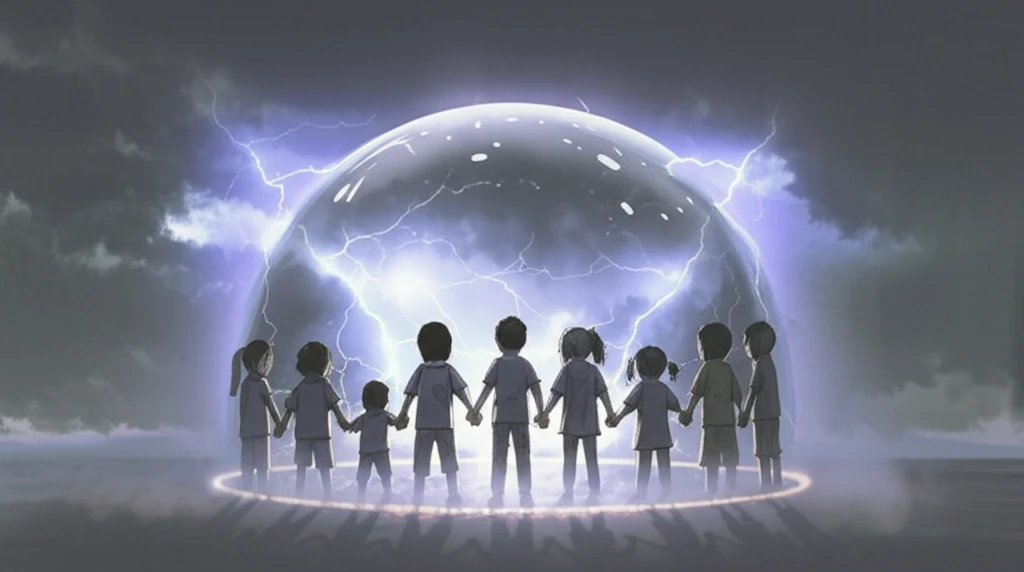 Children holding hands under a protective dome during a storm.