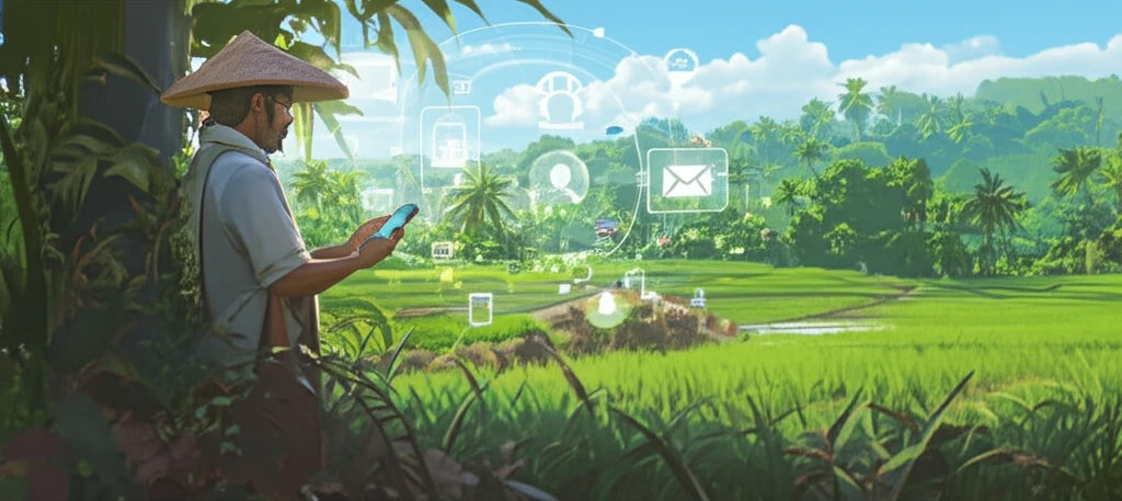 Sri Lankan farmer using smartphone in field, accessing agricultural information
