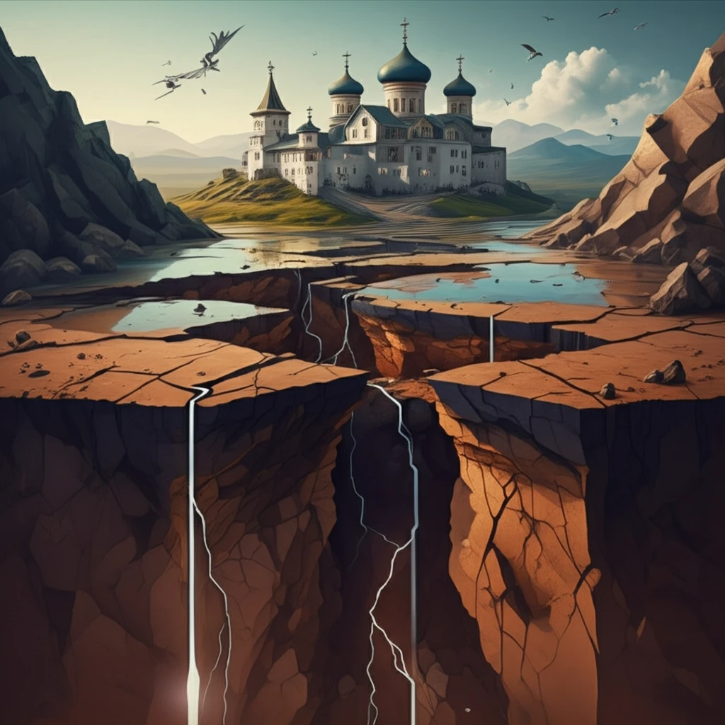 Illustration of a salt mine collapse with water intrusion.