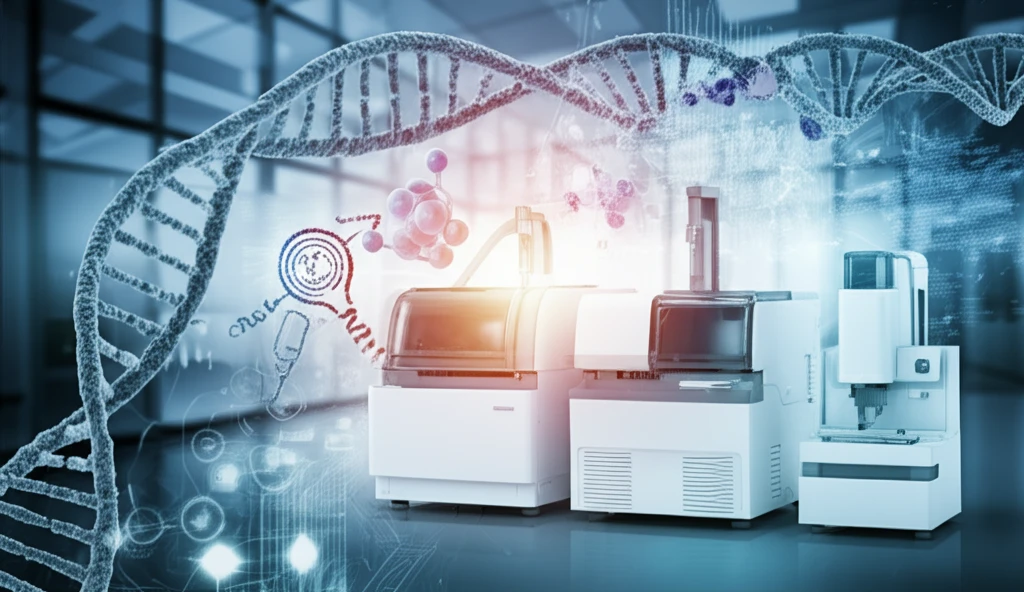 Surreal illustration of DNA strands and CRISPR-Cas9 editing tools.